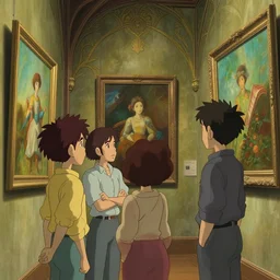 a wholesome animation key shot of four artists gathered to look at one painting on a beautiful art deco gallery wall, medium shot, waist up, studio ghibli, pixar and disney animation, sharp, rendered in unreal engine 5, anime key art by greg rutkowski, bloom, dramatic lighting