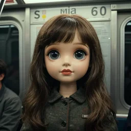 1 9 6 0 s mia farrow as a life size animatronic doll on the subway by margaret keane, vaporwave, big glass eyes, real hair, dimly lit, liminal space, haunting atmosphere, unrealengine octane render, 8 k