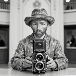 photo of vincent van gogh as an animatronic figure in disneyland's hall of presidents, by diane arbus, black and white, high contrast, rolleiflex, 5 5 mm f / 4 lens