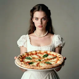 portrait of a young queen holding up a neapolitan pizza margherita to the camera, pearl necklace, intricate white dress, muted colors, soft lighting, sharp focus, neutral background, masterpiece, photo by jimmy nelson, cindy sherman, letizia vestrucci