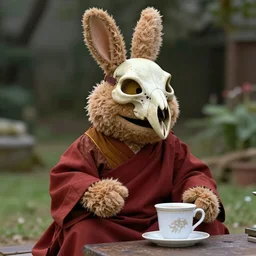 a fluffy brown rabbit muppet wearing monk garb and a wolf skull as a mask and sat beside a cup of tea, photorealistic, nature, photography, national geographic, sesame street