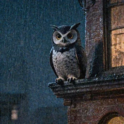 an owl in a bat suit sitting on an edge of a building at night while raining