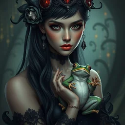 attractive goth woman with a frog, intricate, highly detailed, digital painting, artstation, concept art, smooth, sharp focus, illustration, unreal engine 5, 8 k, art by artgerm and greg rutkowski and alphonse mucha