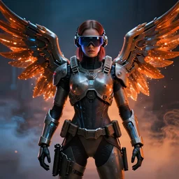 a futuristic word war II girl soldier wearing cyberpunk goggles and tacticle armour looks like Young Jessica Alba, robotic wings, blade runner, akira, ghost in the shell, 2077, bioluminescence, symmetric lights and smoke, orange and blue, glowing particles, de-noise, symmetrical composition, cinematic, hyper realism, 8k, octane render, 8k
