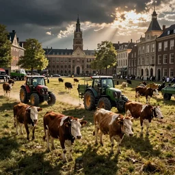 cows protesting with farmers tractors on dam square