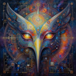 mechanical circuit board astral bird mask oil painting of abstract surrealist forms by yvonne mcgillivray by mandy jurgens by michael divine, powerful eyes glowing highly detailed painting, spiritual abstract forms, symmetrical, trending on art station, abstract emotional, very beautiful, fantasy digital art, highly detailed patterned visionary art, magic symbols, by michael divine, cosmic nebula