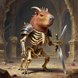 A little vibrant. A spiked horned detailed capybara skeleton with armored joints stands in a large cavernous throne room with sword in hand. Wearing massive shoulderplates. Extremely high details, realistic, fantasy art, solo, masterpiece, bones, ripped flesh, colorful art by Zdzisław Beksiński, Arthur Rackham, Dariusz Zawadzki, Harry Clarke