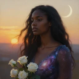 oil painting close up portrait of a contemplative young black woman with long flowing hair in a dress made of nebular stardust galaxies, with white roses at sunset, crescent moon, hazy, digital art, chiaroscuro, artstation, cinematic, golden hour, concept art, digital art painting by greg rutkowski, william - adolphe bouguereau, hazy atmosphere, cinematic lighting