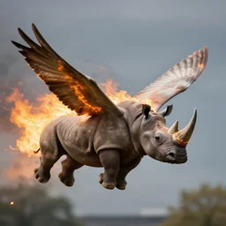 dortmund, flying winged rhinos burning in the sky, realistic photograph, bokeh