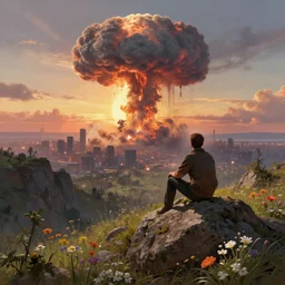 a man sitting on top of a rock covered hillside with flowers watching a nuclear explosion in a distant city, mushroom cloud nuclear attack, sun set, a detailed matte painting by filip hodas, cgsociety, fantasy art, cinematic, artstation hq, vfxfriday, 4 k, dystopian art