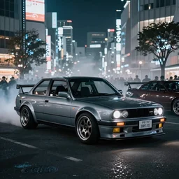 a car s30 turbo drift at illegal car meet, Shibuya prefecture, city midnight mist lights, cinematic lighting, photorealistic, highly detailed wheels, high detail