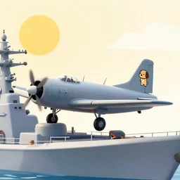 warplane stand still on war ship, a dog cartoon symbol on its tail, sun on the background, high quality, award winning photography, photo professional, photography, 2 4 mm lens, f 2. 0, high quality, sharpen, detailed, 8 k, hd, uhd, color grading