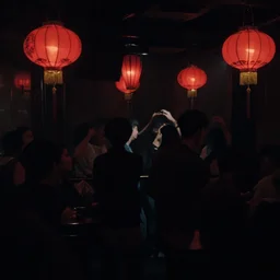 a tiny dark black night club with a few red chinese lanterns, people's silhouettes close up, people dancing, surrealism, by romaine brooks