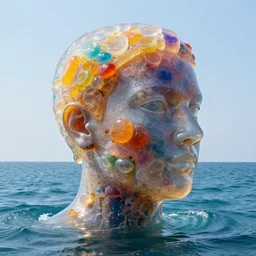a giant human head sculpture in the sea made out of juicy and transparent colorful jelly, long shot, hyper detailed, hyper realistic, ray tracing, 8 k resolution, sharp focus, realistic water, award winning