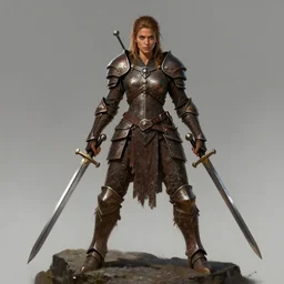 Female barbarian, heavy brown metallic armor, swords, gorgeous and beautiful, light brown messy hair, dark skin, brown eyes, detailed face, battle stance, high fantasy, extremely detailed, alone, standing on a rock, DND, D&D, matte painting, by wlop and peter mohrbacher, trending on artstation, artstationHD, artstationHQ