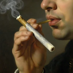 Dutch oil painting from 1600s: Closeup of person smoking a big joint, smoke coming out of the joint