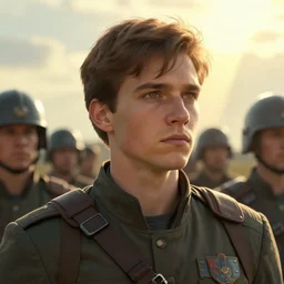 cinematic artwork of a commander in his twenties with brown hair, hazel eyes and a small chin staring into the distance solemnly with his warriors behind him by greg rutowski, 4 k, masterpiece, sun rays
