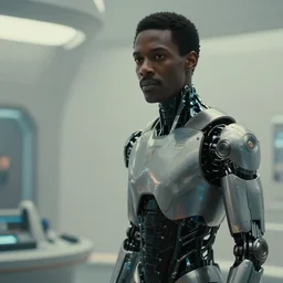 a science fiction film still of a black man starring as a cyborg, award winning cgi, vfx, surrealism, film photography