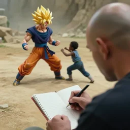 in the foreground is the back of a bald man writing with a notebook. in the distance, super saiyan and a black kid are fighting. realistic movie style, hd