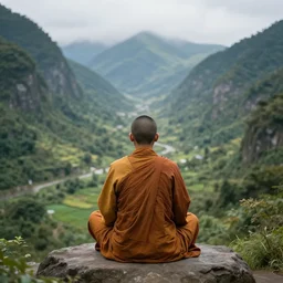a monk meditating in a beautiful valley, back shot, highly detailed digital art