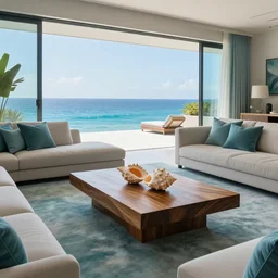 a modern hi tech living room in a ocean hues style next to a big terrace overlooking the ocean, a luxurious wooden coffee table with large seashells on top in the center, inspired by the ocean, calm, relaxed style, harmony, wide angle shot, 8 k resolution, ultra detailed