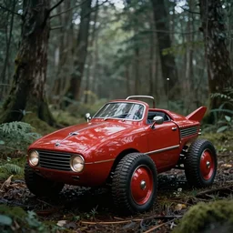adventurer ( ( ( ( ( 1 9 5 0 s retro future robot vehical in the forrest. muted colors. swamps ) ) ) ) ) by jean baptiste monge!!!!!!!!!!!!!!!!!!!!!!!!! chrome red