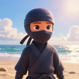 a ninja character, on the beach, sunny day, pixar