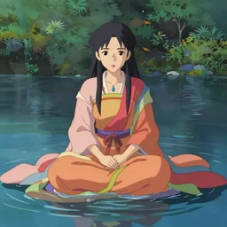 a himalayan woman sitting in water, ritual, mage, beautiful gown, vibrant colors, somber, by Makoto Shinkai and Wojtek Fus, by studio trigger, rossdraws, by artgerm