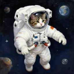 a cat astronaut in space in the style of gertrude abercrombie