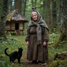 a fabulous old woman baba yaga with a scarf on her head tied with a knot on top. there is a black cat nearby. background hut on chicken legs. from the fabulous enchanting dense forest. fantasy. very clear image.