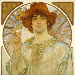 attractive male, painting by alphonse mucha