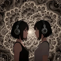 two lesbian anime girls wearing headphones, bullet hell, mandelbrot background, fractal, intricate, in the style of desmond paul henry, opengl, stylized, japanese, artstation, highly detailed, sharp details, amazing composition, 4 k