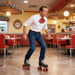 President Nixon wearing roller skates, roller-skating in a Mexican restaurant, Mexican restaurant decorations in the background, award-winning front-page newspaper photograph, grainy