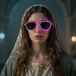 A beautiful portrait of Maria the mother of jesus, neon sunglasses, cyberpunk, photorealistic, detailed, soft light, (((alphonse mucha))), greg rutkowski, irwin penn, 8k, high definition, cinematic shot