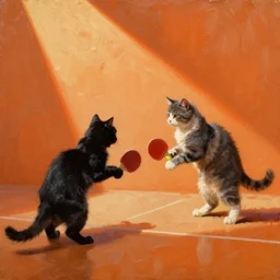 два кота играют в пинг понг на оранжевом фоне, oil painting