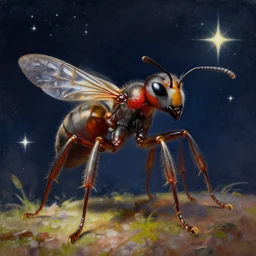 A detailed painting of an anthropomorphic ant queen standing on her multiple hind legs, stars in the background,  formian pathfinder,  digital art 4k,  Wayne Barlowe Greg Rutkowski