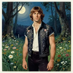 a man who looks like pete dunne, 1 9 7 0 s, seventies, delicate embellishments, woodland, moonlight shining on wildflowers, painterly, offset printing technique, by alexandre cabanel