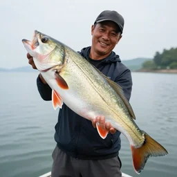 a fisherman holding a giant fish smilingly.