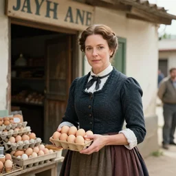a beautiful portait for joanna lumley selling eggs outside a co - operative store during world war 4, epic, beautiful, monumental, 4 k, mexican, victorian,