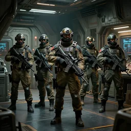heavily armed guards in space uniforms in their spaceship dock armory, cyberpunk, moody, luminescent, rule of thirds, fresh, golden ratio, ambient lighting, syd mead, greg rutkowski, wlop, artgerm, trending on artstation, highly detailed masterpiece