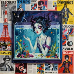 acrylic painting of a bizarre nightmare woman in front of an aquarium in tokyo, mixed media collage by basquiat and jackson pollock, maximalist magazine collage art, retro psychedelic illustration, 1 9 2 0 s