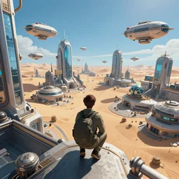 First person point of view shot of a young man crouching on the ledge of a tall building peering at an advanced high tech Sci fi bustling steampunk city with flying air ships over it and tall glass buildings located in a sand desert, bright sunny day blue sky, digital painting, artstation, matte painting, highly detailed, intricate, concept art, game art, octane render, 8k, unreal engine