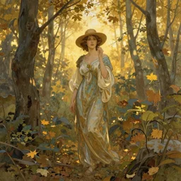 a beautiful illustration of a beautiful lady in the forest, autumn, golden hour, alphonse mucha, moebius, cinematic