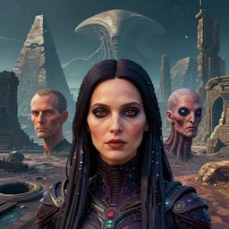 full - face close - up portrait, your mom is a cosmic horror by bruce brenneise and peter mohrbacher and h r giger, alien ancient ruins in background, giant stone pyramids in the distance, on an alien planet with craters, 3 d render, neosurrealism. digital concept art, pixel art, rendered in octane, trending on cgsociety, trending on artstation