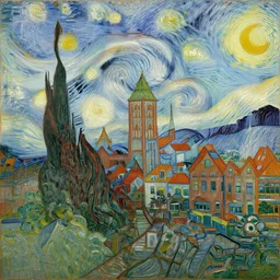 a painting of the city of Rostock in the style of Vincent van Gogh