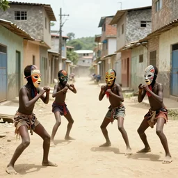 a film still from afrosamurai by ian mcque, a dusty street of favela city, 4 kids in african voodoo masks prepare for battle, vibrant, 5 0 mm lens, video game character and environment design, 2 d game lineart behance hd, studio, dramatic lighting, cinematic, global illumination, trending on artstation, bloom
