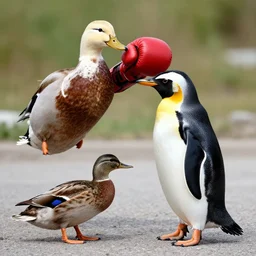 a duck is boxing a penguin, penguin vs duck