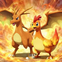 mixture between rapidash and combusken, fire pokemon, horse chicken hybrid, a lot of fire, detailed, cartoon style