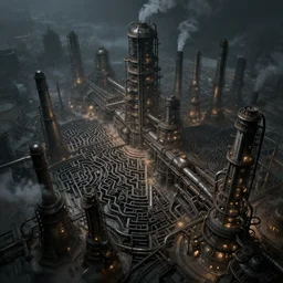 futuristic dystopian endless, intricate, complex, labyrinthine, byzantine, tangled, industrial megafactory complex, smokestacks, pipelines and ducts and vents, landscape painting, steampunk, smoke, night, gloomy, dark, dramatic, cinematic, volumetric lighting, gods eye view