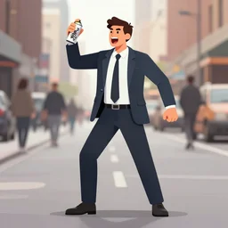 businessman in a suit with his trousers down, holding a graffiti spray can, and screaming like a maniac in a busy city street
